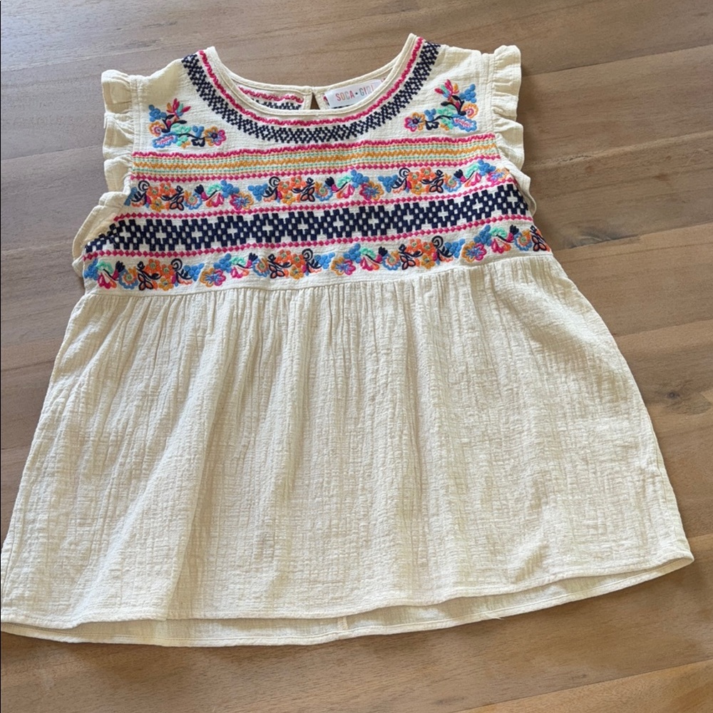 Cream Boho Blouse with Embroidered Neckline